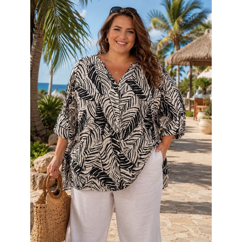 Cynthia Rowley Womens 3X Black White Linen Tropical Palm Leaf Button Tunic Top - Picture 1 of 5
